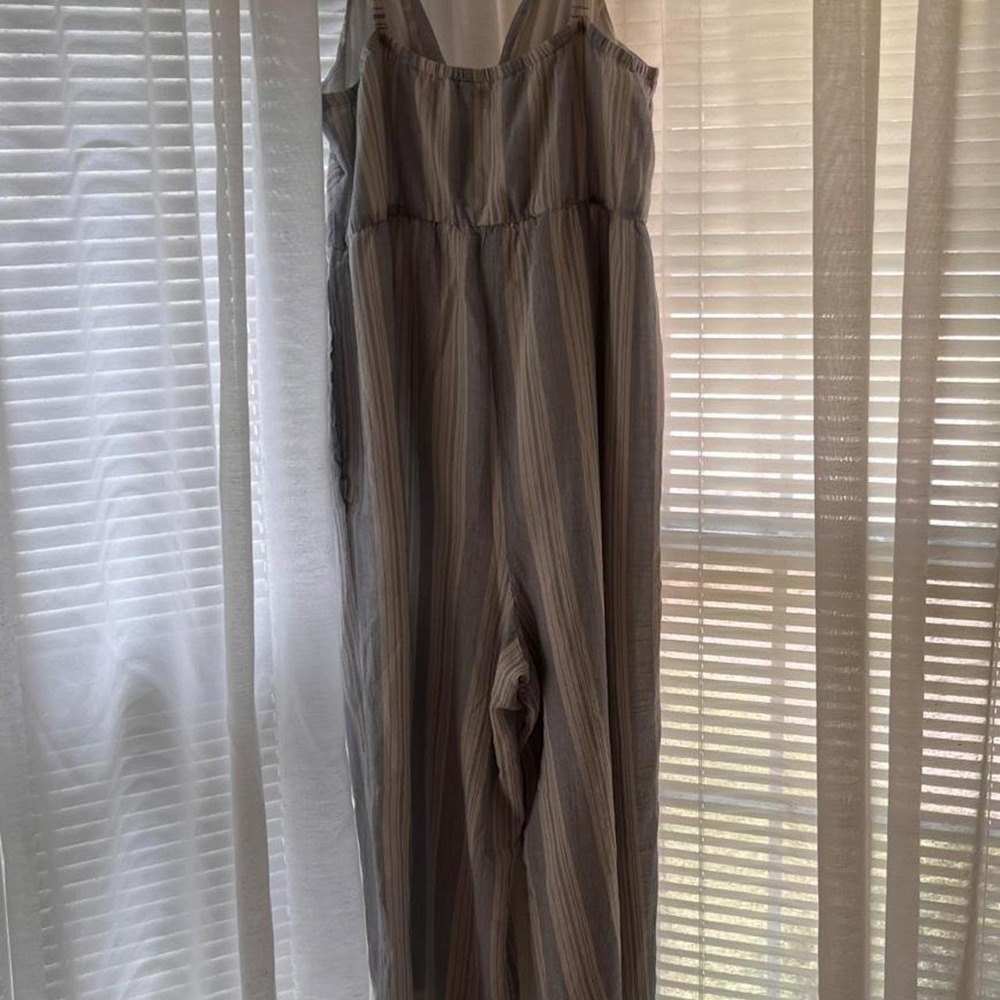 Cheztu jumpsuit with vertical stripes in blue and gray, size 18